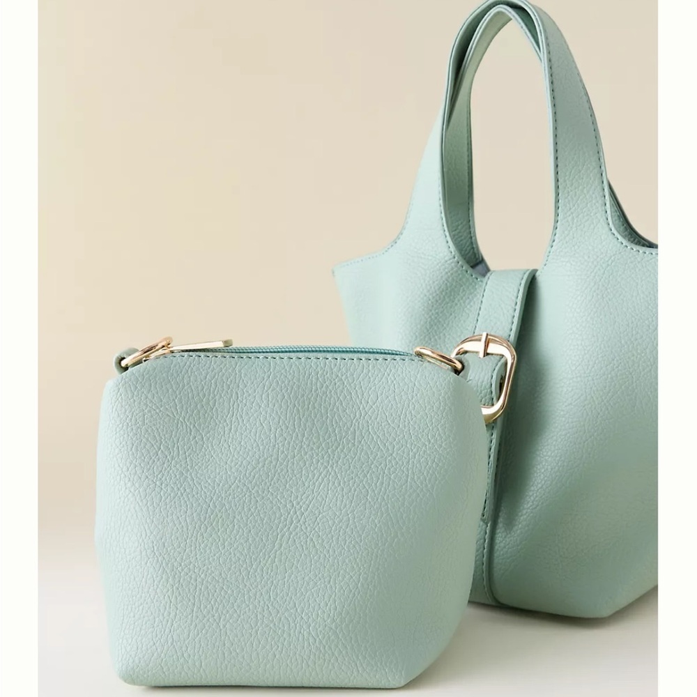Anthropologie Mint Green Pebbled Mini Bucket Tote Bag - Picture 3 of 7